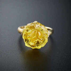 银镶金珀玫瑰花戒指