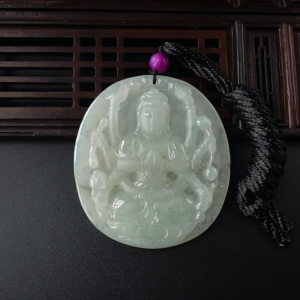 糯冰种淡绿色翡翠千手观音吊坠