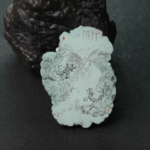 中高瓷铁线浅蓝绿松石山水牌摆件