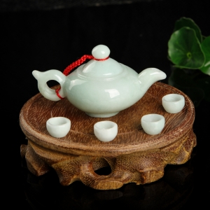 糯种翡翠茶壶套装摆件
