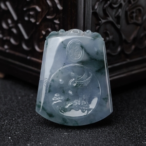 糯种春带彩翡翠松鹤延年吊坠