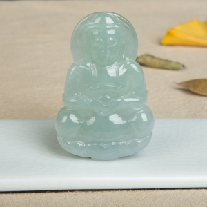 糯种蓝绿翡翠观音吊坠
