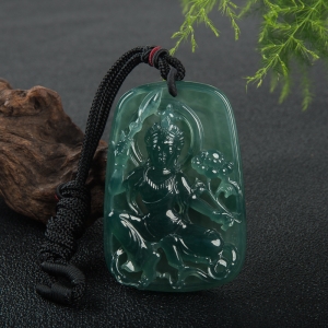 冰种深绿翡翠文殊菩萨吊坠