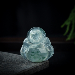 玻璃种飘花翡翠弥勒佛吊坠