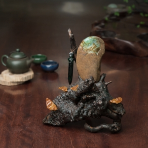 糯冰种俏色翡翠引福归堂摆件
