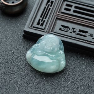 糯冰种蓝水翡翠弥勒佛吊坠