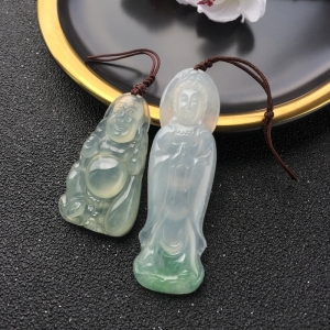 糯冰种翡翠弥勒佛/观音吊坠(两件）