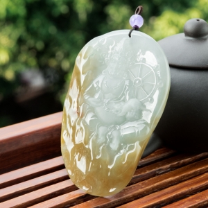 糯冰种飘黄翡翡翠黄财神吊坠