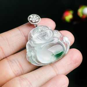 18K玻璃种飘花翡翠弥勒佛吊坠