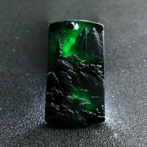 糯冰种墨翠山水意境吊坠