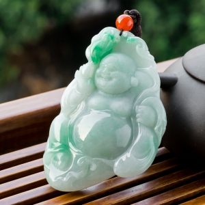 糯冰种飘翠翡翠弥勒佛吊坠