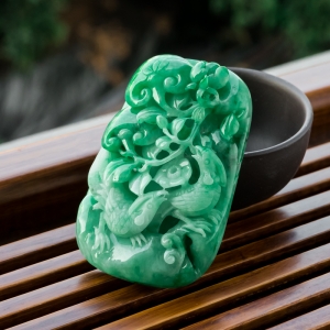 糯种豆绿翡翠鸟语花香吊坠