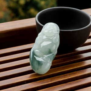 糯冰种飘花翡翠弥勒佛吊坠