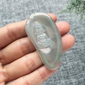 糯冰种淡晴水翡翠宝宝佛吊坠