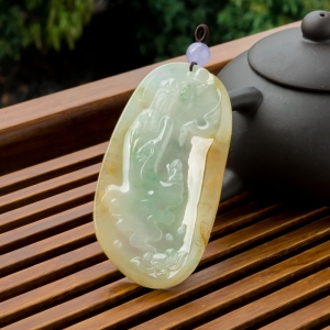 糯冰种飘黄翡翡翠童子拜观音吊坠