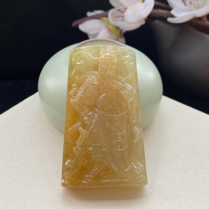 糯冰种黄翡关公吊坠