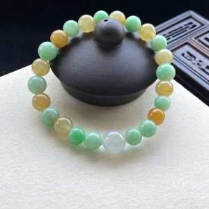 糯冰种三彩翡翠圆珠单圈手串