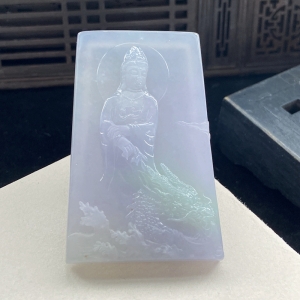 糯冰种春带彩翡翠乘龙观音吊坠