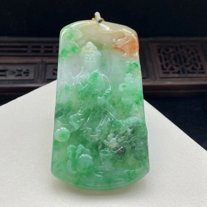 糯种黄加绿翡翠乘龙观音吊坠