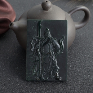 糯冰种墨翠关公吊坠