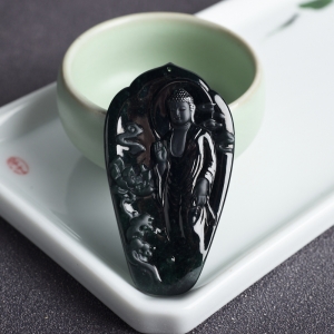 糯冰种墨翠阿弥陀佛吊坠
