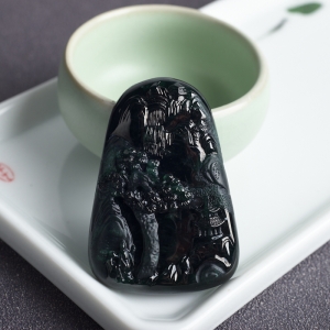糯冰种墨翠山水意境吊坠