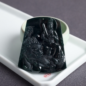 糯冰种墨翠文殊菩萨吊坠