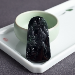 糯冰种墨翠山水意境吊坠