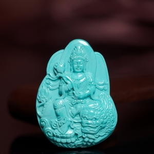 高瓷蓝绿绿松石文殊菩萨吊坠